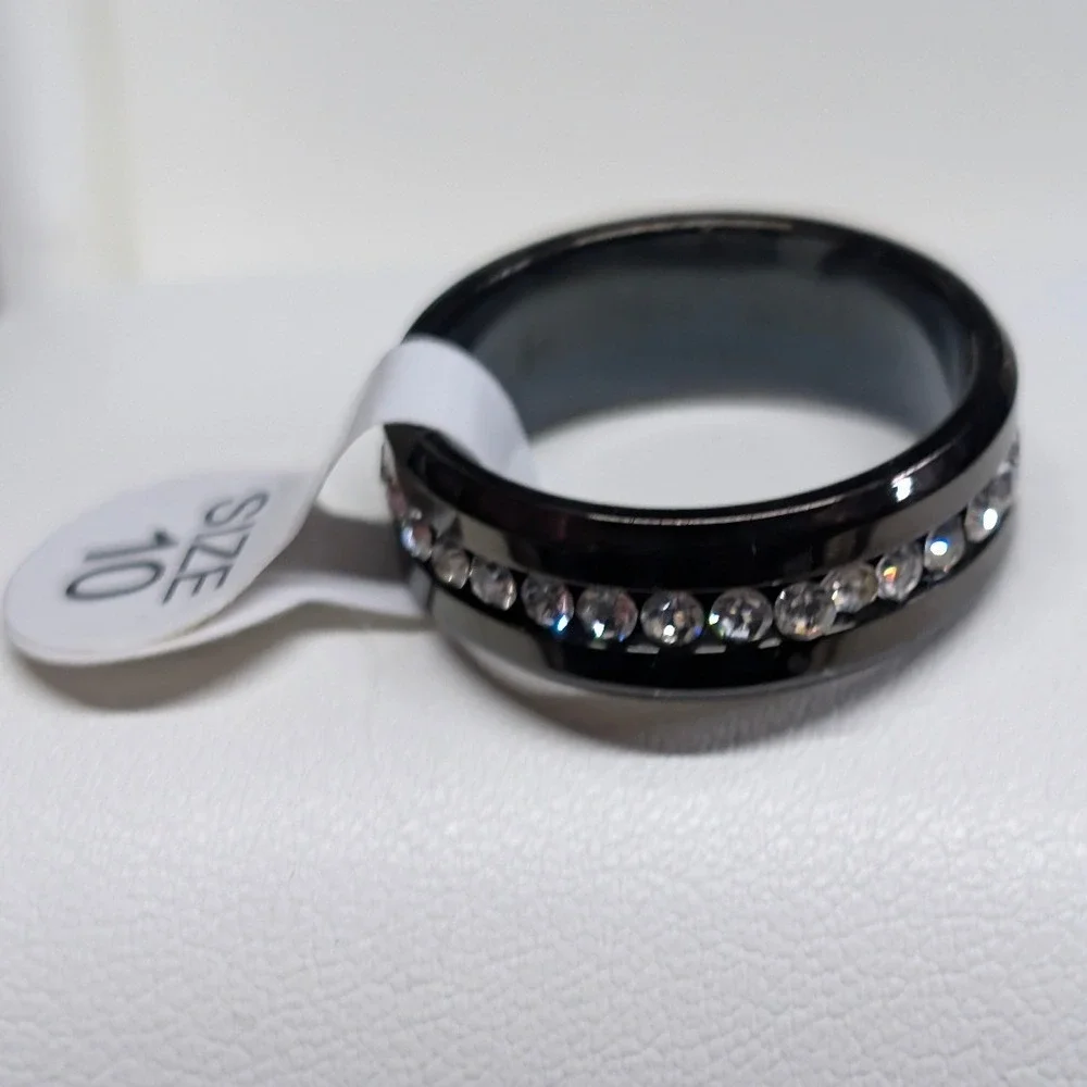 NEW Crystal Eternity Ring PLus Size 10 Black Band Clear Rhinestones Wedding Gift